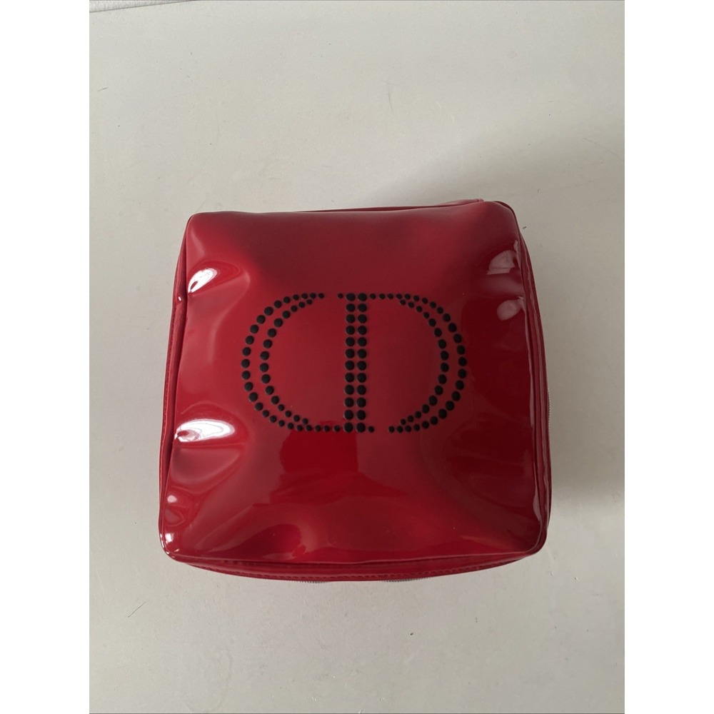 Christian Dior CD Logo Makeup Cosmetic Bag Clutch Pouch Red Black Patent Leather